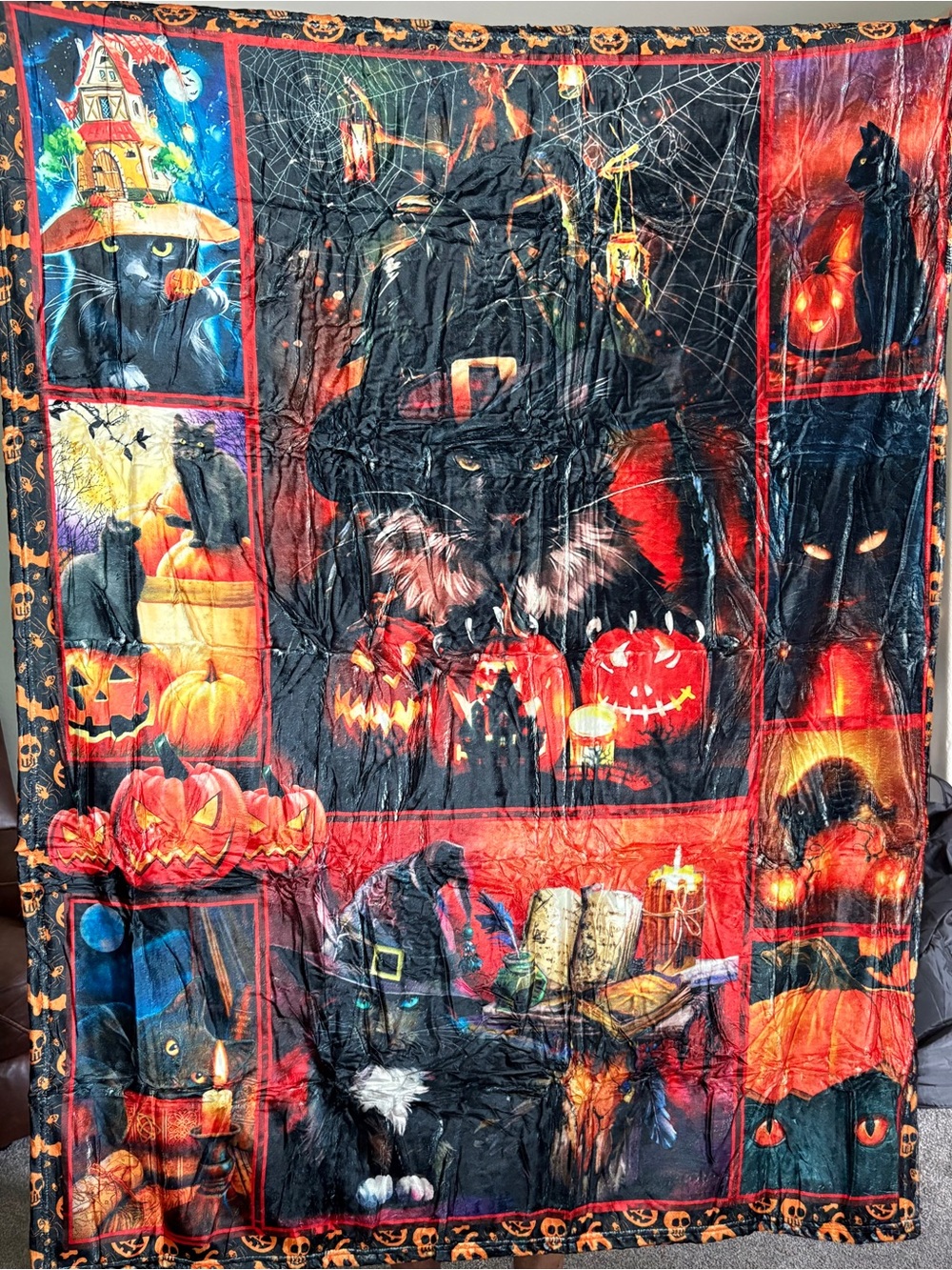 Halloween Black Blanket Costume Cape with Pumpkin Print - Black